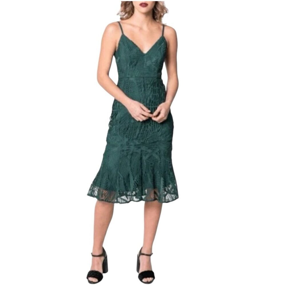 Aijek Green Love Is Embroidered Dress Size 3 (US 8-10) Fit and Flare Lace Lined